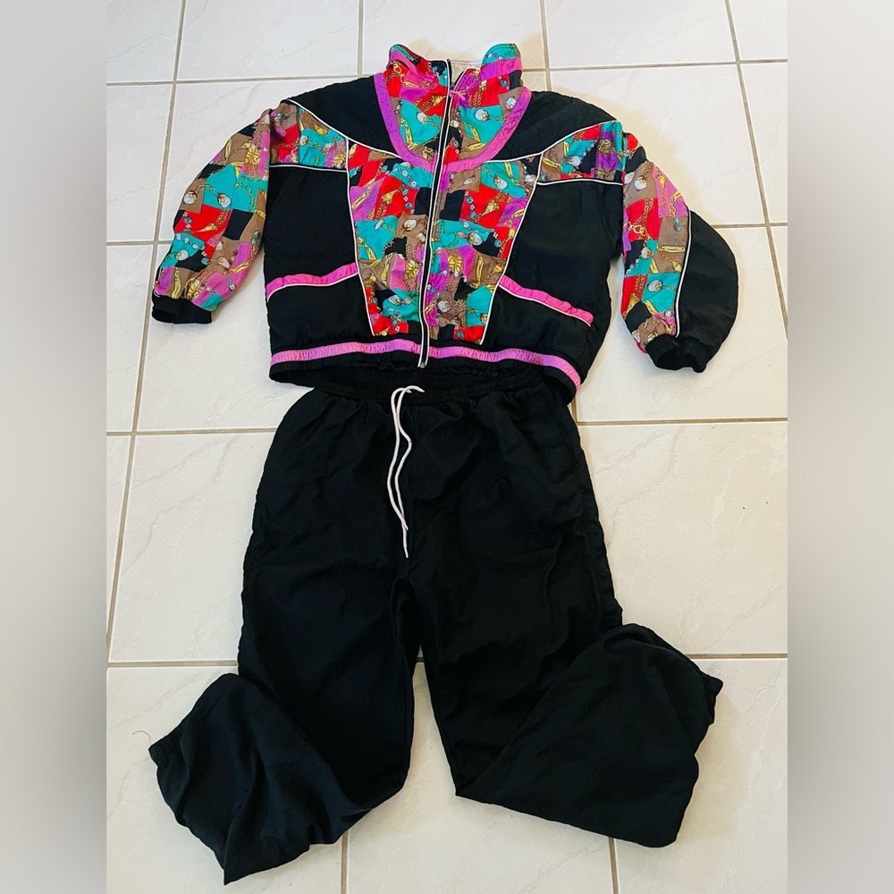 Vintage 90’s Women Black Two-Piece Track Set with Patterned Panels- Size XL